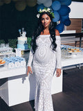 Plataz White Lace Sequin Off Shoulder Mermaid Bodycon Wedding Gown Baby Shower Elegant Foamal Maternity Photoshoot Maxi Dress Maternity