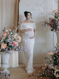 Plataz White Off Shoulder 3D Flowers Grenadine Sheer Bodycon Elegant Beach Photoshoot Baby Shower Maternity Maxi Dress Maternity