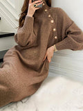 Plataz Knitted Buttons High Neck Long Sleeve Sweater Maternity Midi Dress Maternity