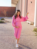 Plataz Solid Color Knitting 2-in-1 Bodycon Baby Shower Maternity Sweater Midi Dress Maternity