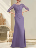Plataz Scoop Floor-Length Chiffon Lace Mother of the Bride Dress With Beading Pleated HZ1007
