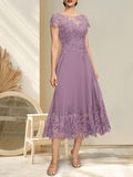 Plataz Illusion Scoop Tea-Length Lace Chiffon Mother of the Bride Dress With HZ1007