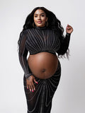 Plataz Black Mesh Rhinestone High Neck Crop 2-in-1 Midriff Bodycon Long Sleeve Photoshoot Evening Plus Size Maternity Maxi Dress Maternity