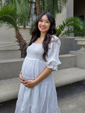 Plataz White Off Shoulder Ruffle Shirred Boat Neck Puff Sleeve Bow Bohemian Ivory Maternity Photoshoot Dress Maternity