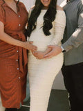 Plataz Beige Lace Off Shoulder Ruffle Falbala Bodycon Elegant Maternity Baby Shower Maxi Dress Maternity