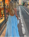 Plataz A Line Halter Blue Chiffon Backless Long Evening Dress Prom Dresses SD1660 HZ0628