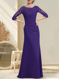 Plataz Scoop Floor-Length Chiffon Lace Mother of the Bride Dress With Beading Pleated HZ1007