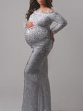 Plataz White Sparkly Sequin Feather Off Shoulder Elegant Evening Gown Maternity Photoshoot Baby Shower Party Maxi Dress Maternity