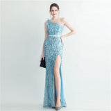 Plataz Industry Ostrich Hair Craft Bundle Hair Evening Dress with Oblique Shoulder HZ1007