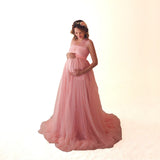 Plataz Women's Cotton Splicing Mesh Yarn Strap Pregnant Woman Drag Dress Photo Mop Floor Dress 1151 Maternity