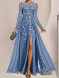 Plataz Scoop Floor-Length Mother of the Bride Dresses with Split Side Ruffles HZ1007