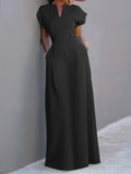 Plataz Sleeves Solid Color Split-Joint V-Neck Evening Dresses Maxi HZ1007