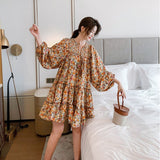Plataz Floral Dress Women's Spring And Summer French Retro Skirt Lantern Sleeve Loose National Wind Seaside Beach Dress Fairy