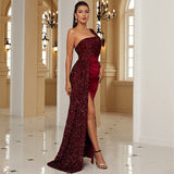 Plataz Sexy Long Sequined Sleeveless Diagonal Collar Backless Cocktail Evening Dress Bridesmaid Dress HZ1007