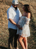 Plataz White Lace Off Shoulder Bow Drawstring Ruffle Flare Sleeve Elegant Baby Shower Maternity Mini Dress Maternity