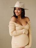 Plataz Apricot Off Shoulder Boat Neck Elegant Long Sleeve Baby Shower Maternity Photoshoot Sweater Dress Maternity