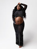 Plataz Black Mesh Rhinestone High Neck Crop 2-in-1 Midriff Bodycon Long Sleeve Photoshoot Evening Plus Size Maternity Maxi Dress Maternity