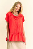 Plataz & Dani Solid Lace Trim Neck Short Sleeve Peplum Top DJPT