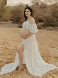 Plataz Solid Color Bohemian Off Shoulder Backless Ruffle 2 piece set Photoshoot Maternity Maxi Dress Maternity