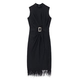 Plataz Belt Bandage Evening Dress Sleeveless Split Feather Party Tight Dress HZ1007