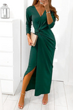 Plataz Solid Slit Fold V Neck Evening Dress Dresses(4 HZ1007