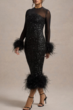 Plataz Party Sequins Feather Trim O Neck Evening HZ1007