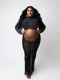 Plataz Black Mesh Rhinestone High Neck Crop 2-in-1 Midriff Bodycon Long Sleeve Photoshoot Evening Plus Size Maternity Maxi Dress Maternity