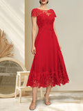 Plataz Illusion Scoop Tea-Length Lace Chiffon Mother of the Bride Dress With HZ1007