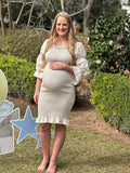 Plataz Ruffle Off Shoulder Long Sleeve Bodycon Baby Shower Maternity Midi Dress Maternity