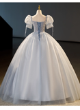 Elegant Dusty Blue A-Line Beaded Evening Gown Tulle Short-sleeved Party Dress Long Formal Dress HZ1024
