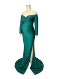 Plataz Green Off Shoulder Long Sleeve High Split Bodycon Solid Baby Shower Evening Gown Maternity Maxi Dress Maternity