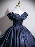 Gorgeous Navy Blue Satin Off-the-shoulder Sweet 16 Quinceanera A-Line Ruffled Evening Dress Ball Gown HZ1024