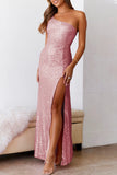 Plataz Formal Solid Sequins Slit Oblique Collar Evening Dress HZ1007
