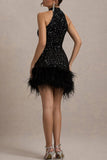Plataz Party Sequins Zipper Feather Hemline Halter Evening HZ1007