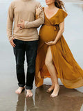 Plataz Ginger Yellow Flowy Ruffle Falbala Wrap Side Slit Big Swing Elegant Baby Moon Beach Vacation Gown Boho Maternity Photoshoot Baby Shower Maxi Dress Maternity