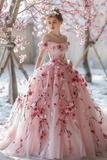 Plataz Off The Shoulder Tulle 3D Flowers Ball Gown,Pink A Line Prom Dress HZ1007