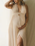 Plataz Solid Color Cut Out V-Neck Side Slit Backless Tassel Halter Neck Vacation Photoshoot Maternity Maxi Dress Maternity