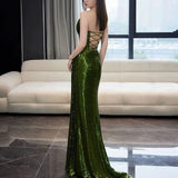 Vintage Dark Green Sheath Sequin Evening Gown Strapless Slit Party Dress Floor Length Formal Dress HZ1024