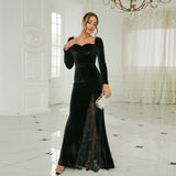 Plataz Sexy Long-Sleeved Long Velvet Square Collar Annual Meeting Split Evening Dress Bridesmaid Dress Women HZ1007