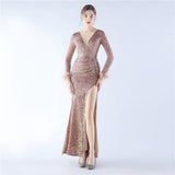 Plataz Sequin Craft Order Ostrich Feather Long Sleeve Evening HZ1007