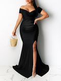Plataz Black Off Shoulder Side Slit Bodycon Baby Shower Photoshoot Gown Maternity Maxi Dress Maternity