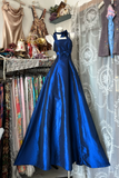 Vintage Royal Blue Satin Evening Gown A-Line Spaghetti Strap Party Dress Long Formal Dress HZ1024