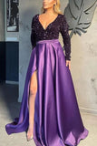 Plataz Long Sleeves V-Neck Sequins Satin Prom HZ1007