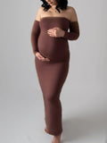 Plataz Brown Off Shoulder Long Sleeve Bodycon Elegant Going Out Maternity Photoshoot Baby Shower Party Maxi Dress Maternity