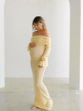 Plataz Yellow Knit Off Shoulder Flare Sleeve Mermaid Bodycon Elegant Vacation Photoshoot Baby Shower Maternity Maxi Dress Maternity