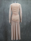 Plataz Sleeves Skinny Pleated See-Through Solid Color Split-Joint Round-Neck Evening Dresses Maxi HZ1007