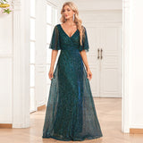 Plataz See Through Sleeve Pairs V Neck Pleated A Large Swing Evening Dress Wedding Sequined Mop HZ1007
