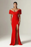 Plataz Shoulder Ruched Slit Satin Maxi Prom HZ1007