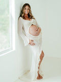 Plataz Ivory Sheer Ruffle Cut Out Crop Slit Falbala Deep V-neck Mermaid Elegant Maternity Photoshoot Maxi Dress Maternity