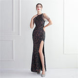 Plataz Industry Micro Glass Bead Craft Beaded Cocktail Evening Dress Elegant Long Halter Split HZ1007